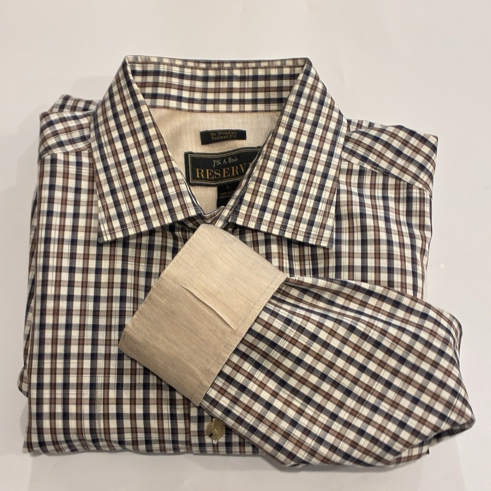 Jos A Bank Reserve No Wrinkles Button Up Shirt Mens L Brown Plaid Tailored Fit